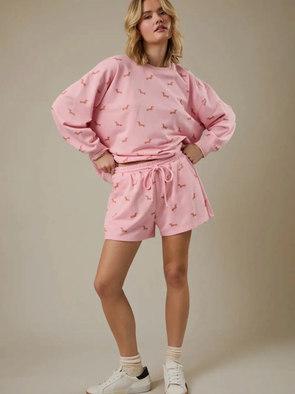 Women's Pink Dachshund-Print Hoodie and Shorts Set - Picture 1 of 6